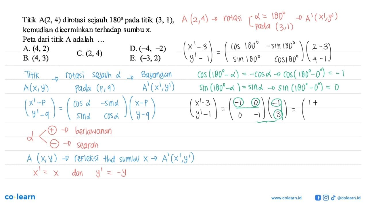 Titik A (2,4) dirotasi sejauh 180 pada titik (3,1),