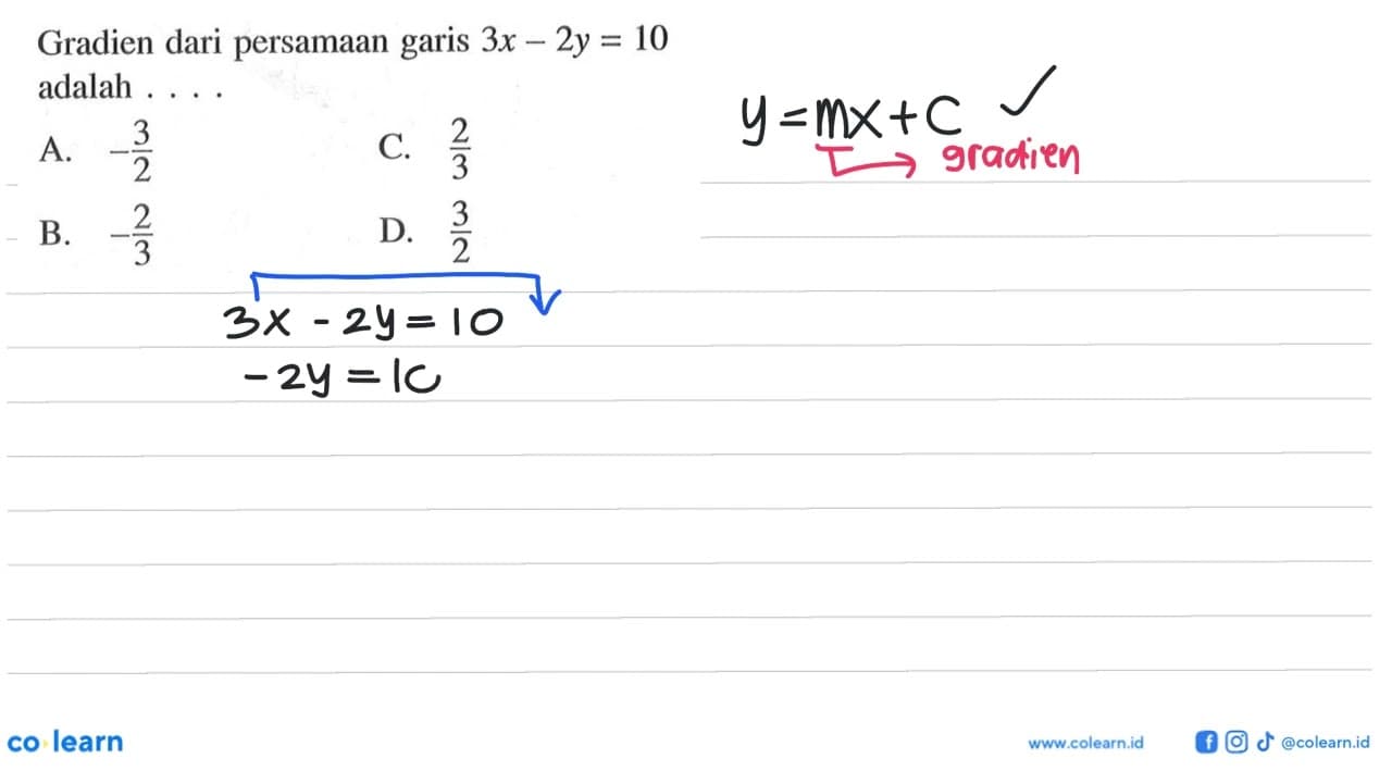 Gradien dari persamaan garis 3x - 2y = 10 adalah . . . . A.