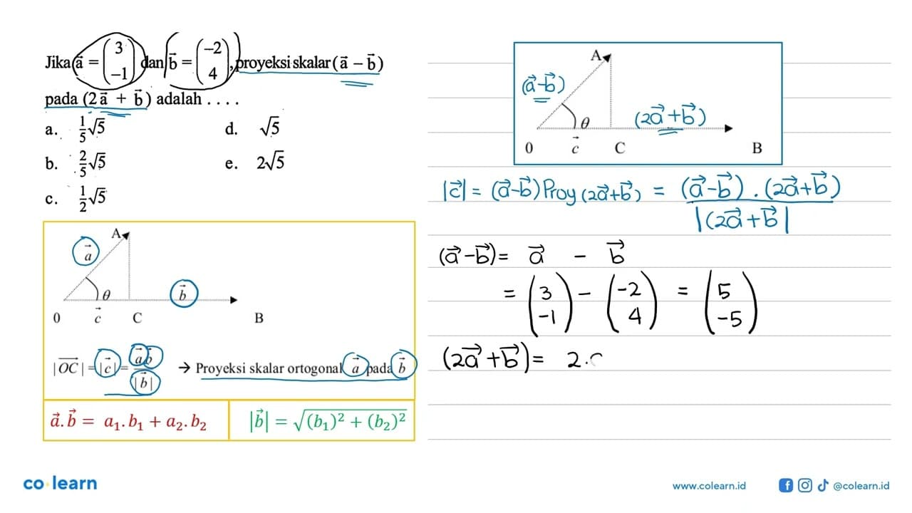 Jika vektor a=(3 -1) dan vektor b=(-2 4), proyeksi skalar