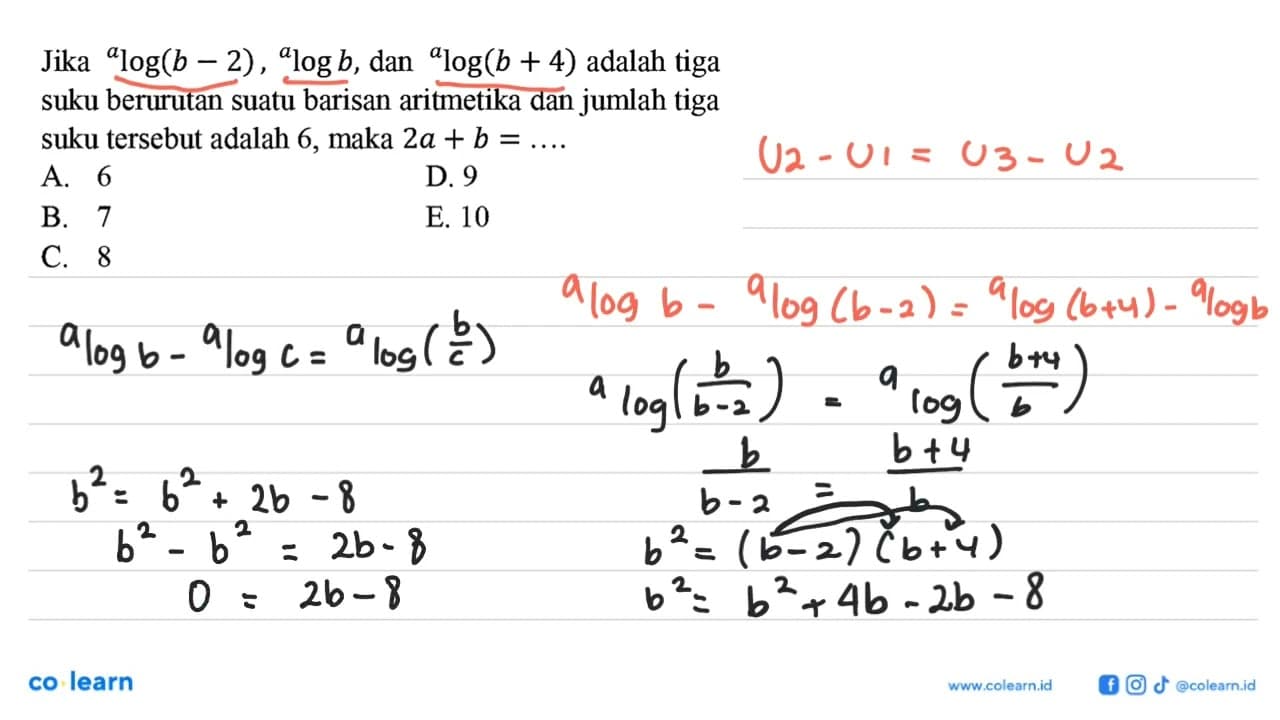 Jika a log(b-2), a log b , dan a log(b+4) adalah tiga suku