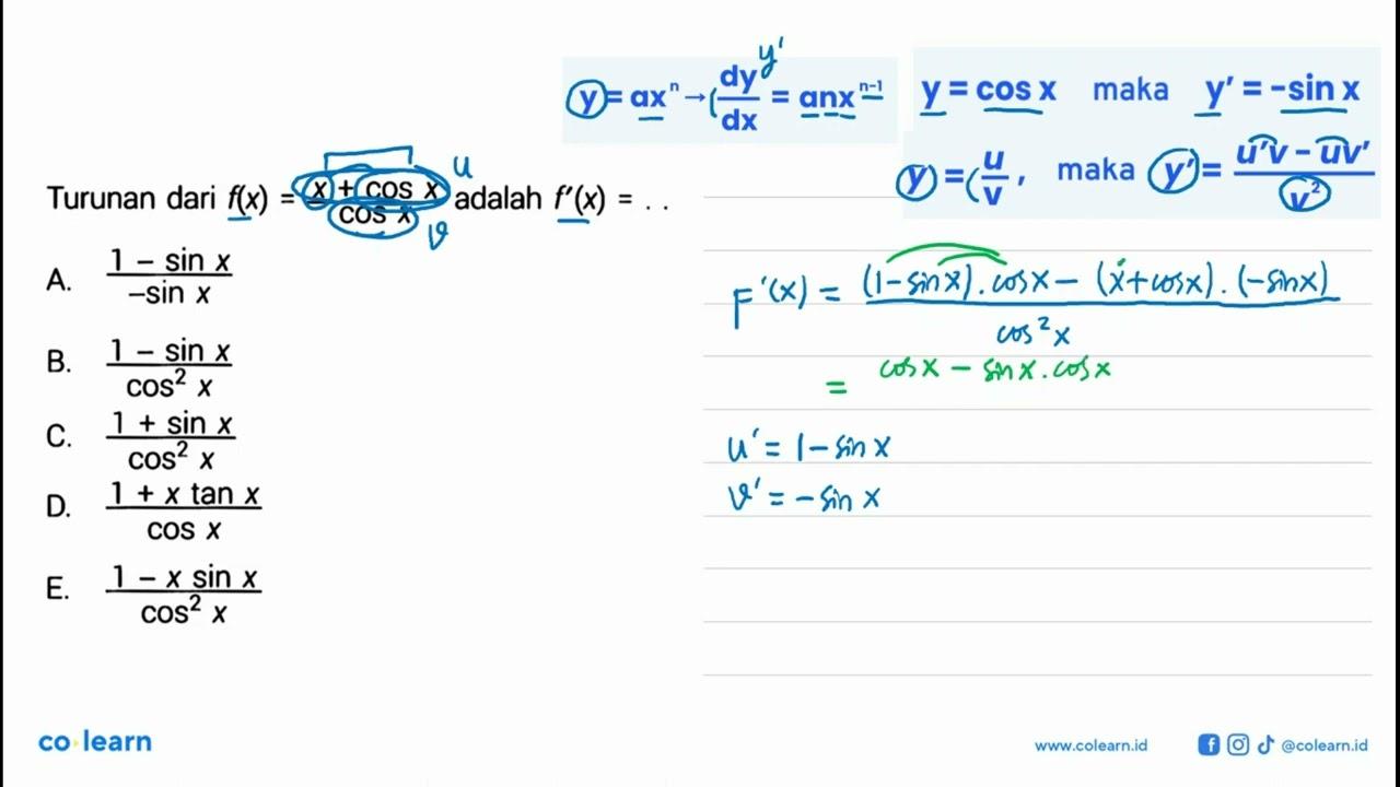 Turunan dari f(x)=(x+cos x)/cos x adalah f'(x)=...