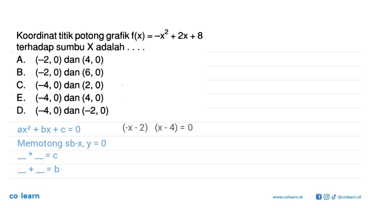 Koordinat titik potong grafik f(x) = -x^2 + 2x + 8 terhadap