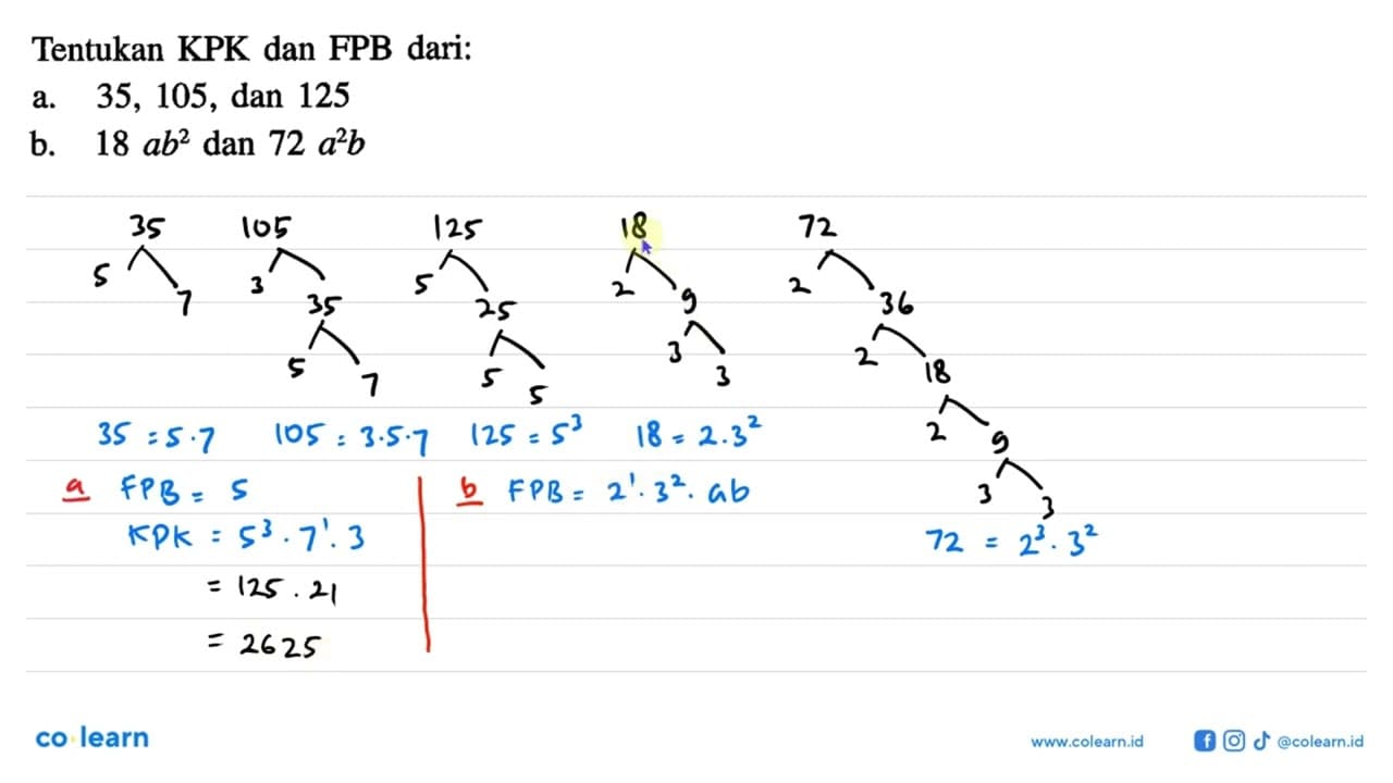 Tentukan KPK dan FPB dari: a. 35, 105, dan 125 b. 18ab^2