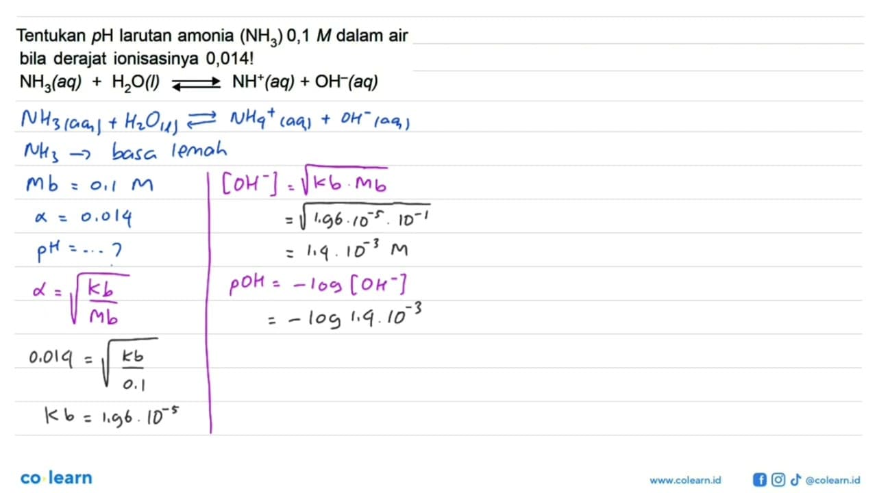 Tentukan pH larutan amonia (NH3) 0,1 M dalam air bila