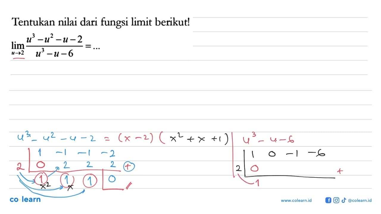 Tentukan nilai dari fungsi limit berikut! lim u->2