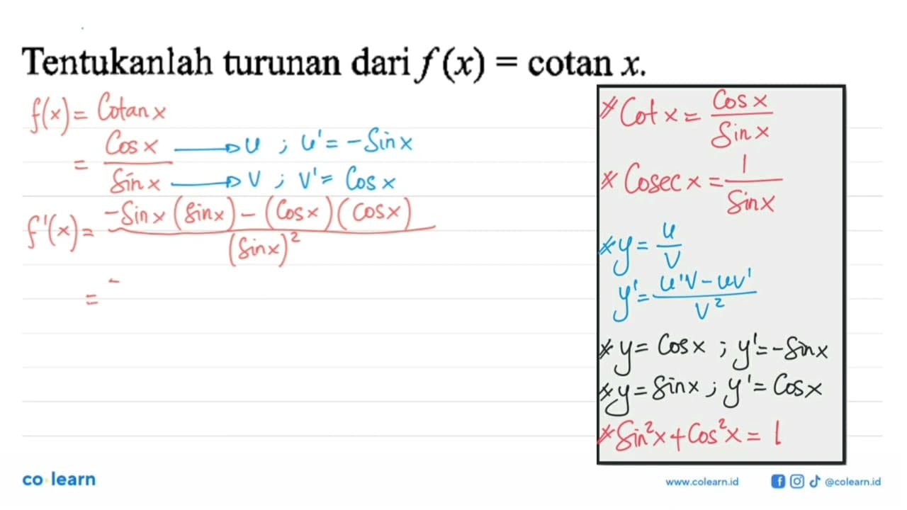 Tentukanlah turunan dari f(x)=cotanx.