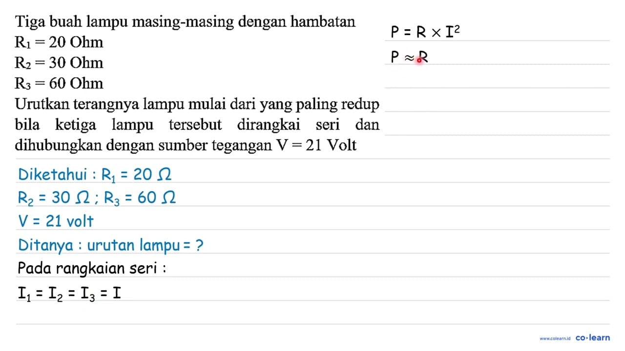 Tiga buah lampu masing-masing dengan hambatan R_(1)=20 Ohm