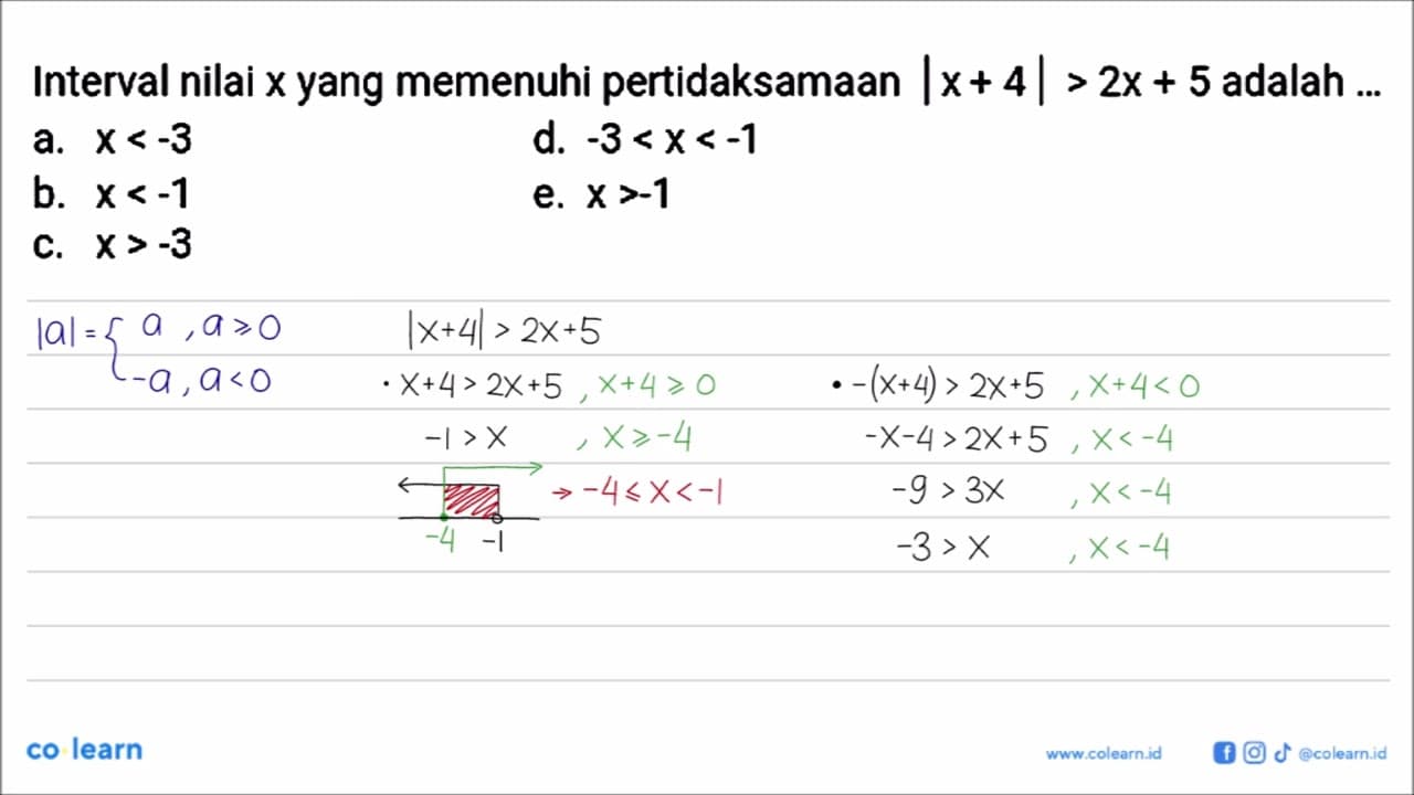 Interval nilai x yang memenuhi pertidaksamaan |x+4|>2x+5