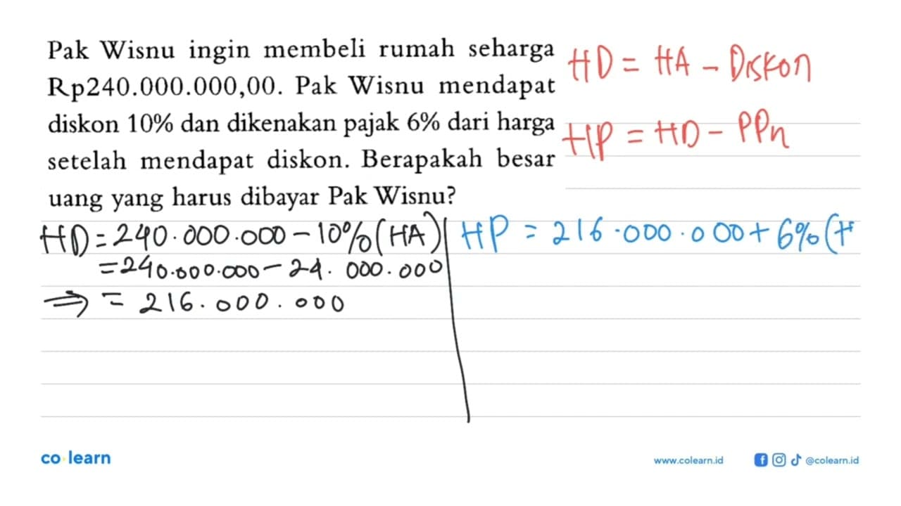 Pak Wisnu ingin membeli rumah seharga Rp240.000.000,00. Pak