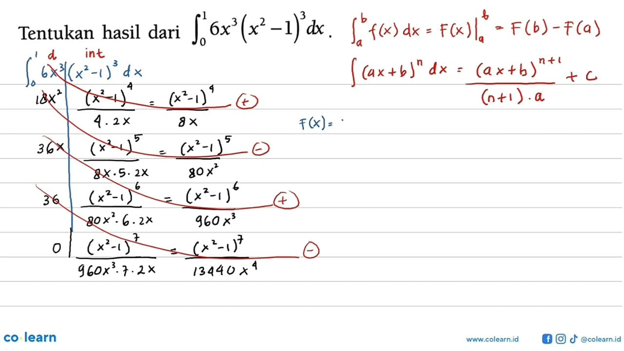 Tentukan hasil dari integral 0 1 6x^3(x^2-1)^3 dx.