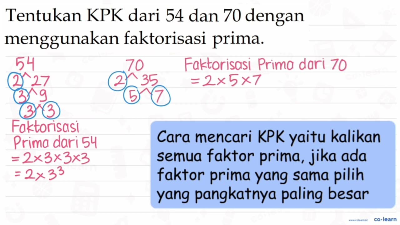 Tentukan KPK dari 54 dan 70 dengan menggunakan faktorisasi
