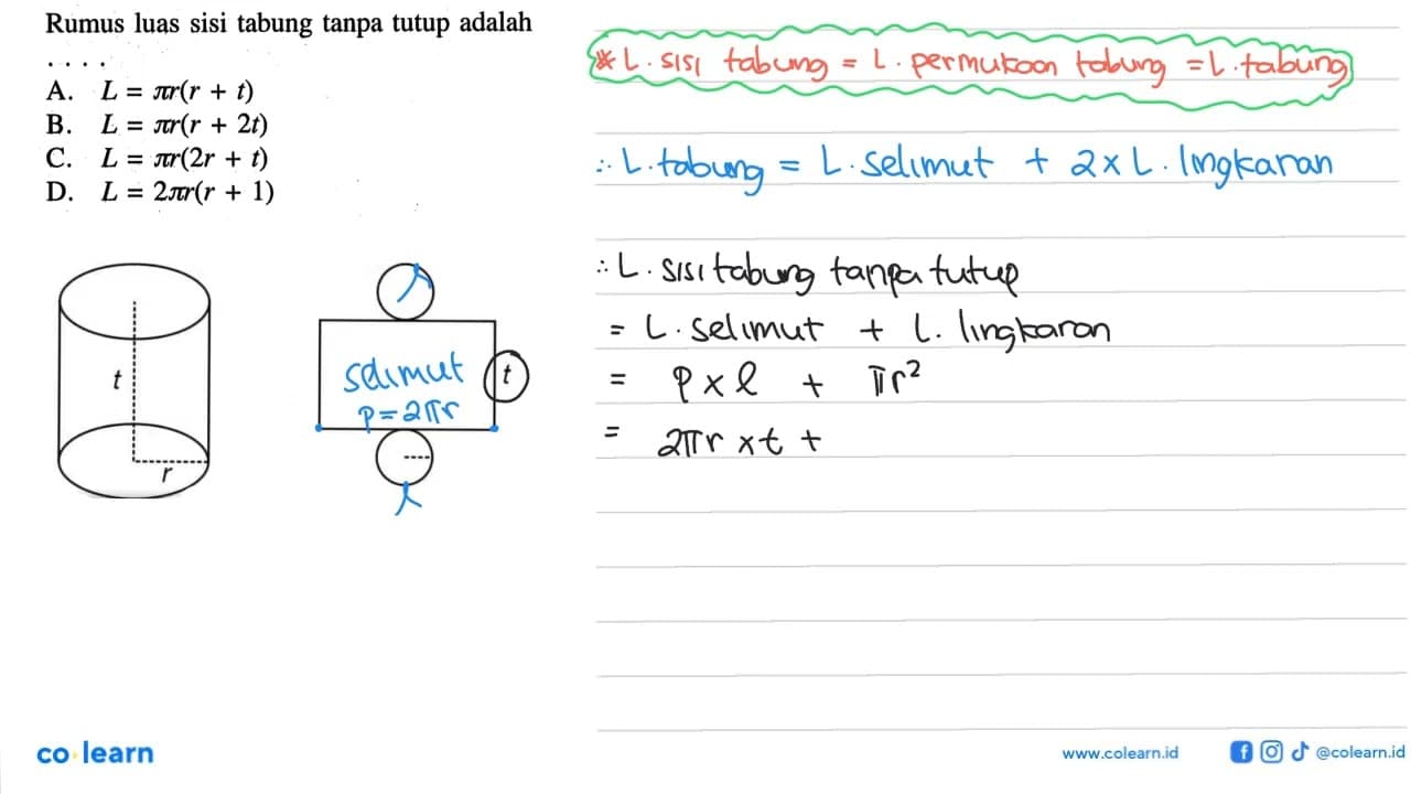 Rumus luas sisi tabung tanpa tutup adalah