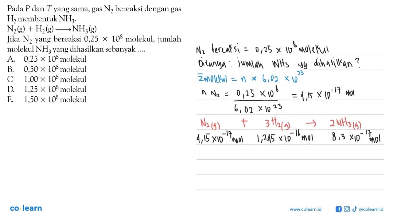 Pada P dan T yang sama, gas N2 bereaksi dengan gas H2