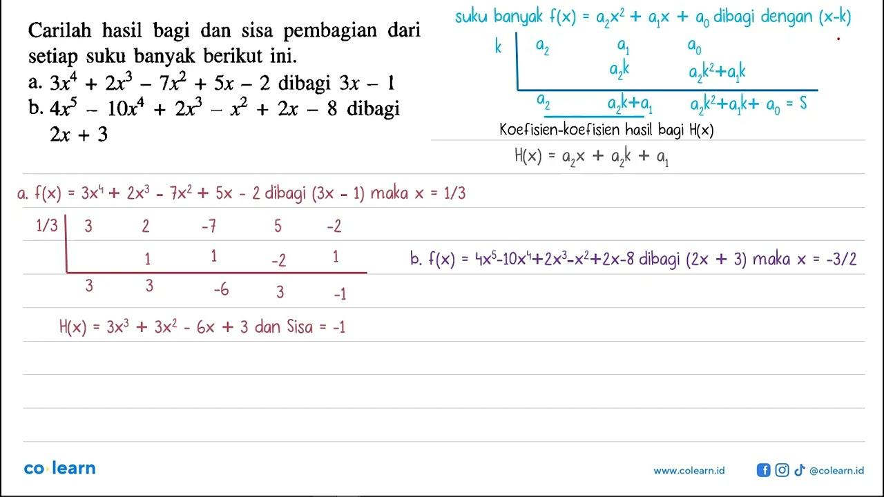 Carilah hasil bagi dan sisa pembagian dari setiap suku