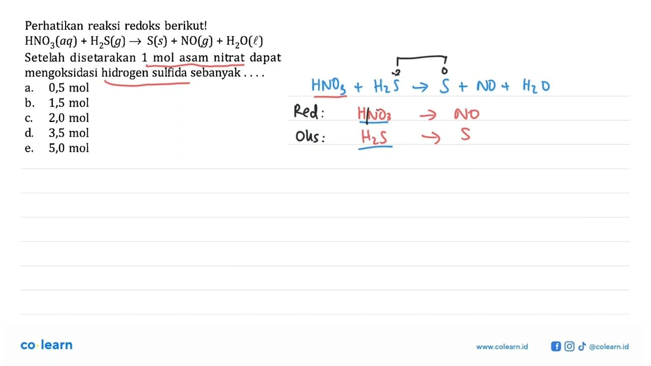 Perhatikan reaksi redoks berikut! HNO3 (aq) + H2S (g) ->