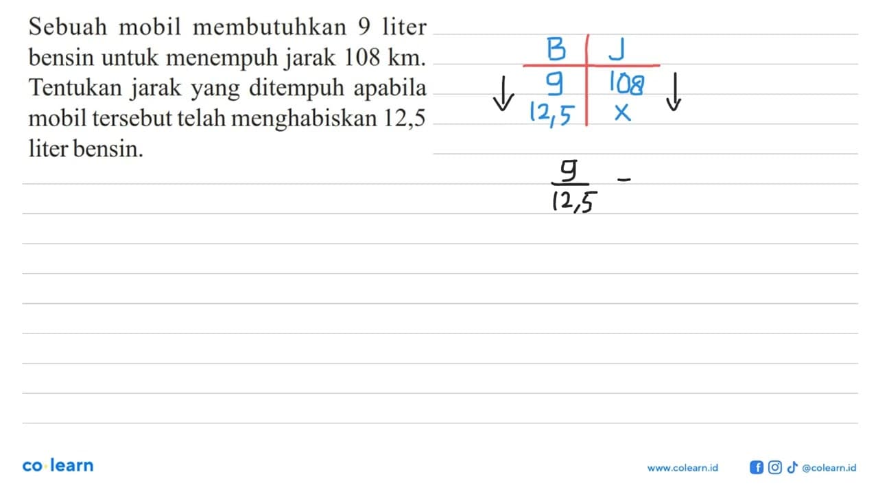 Sebuah mobil membutuhkan 9 liter bensin untuk menempuh