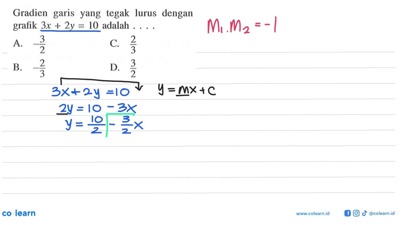 Gradien garis yang tegak lurus dengan grafik 3x + 2y = 10