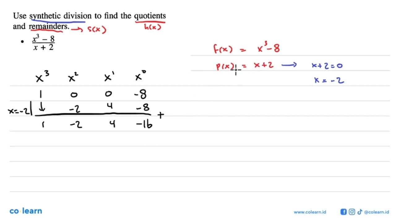 Use synthetic division to find the quotients and