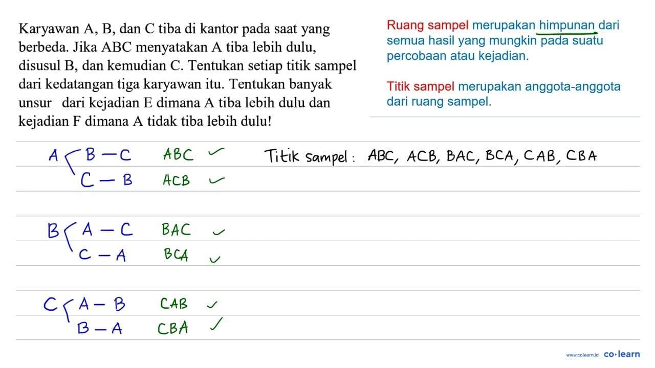 Karyawan A, B, dan C tiba di kantor pada saat yang berbeda.