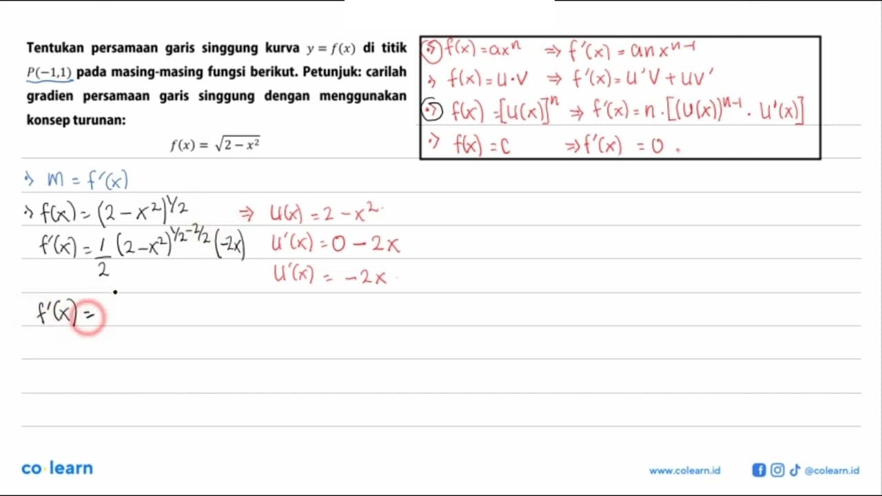 Tentukan persamaan garis singgung kurva y=f(x) di titik