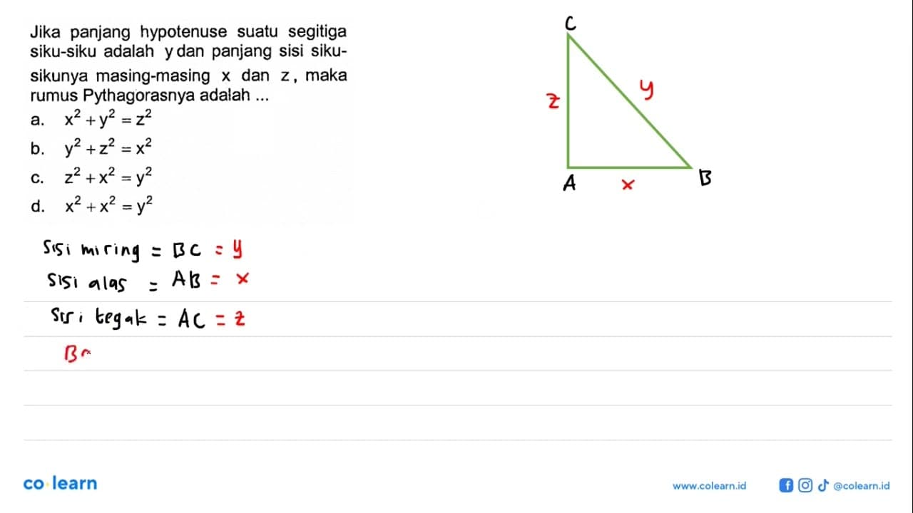 Jika panjang hypotenuse suatu segitiga siku-siku adalah y