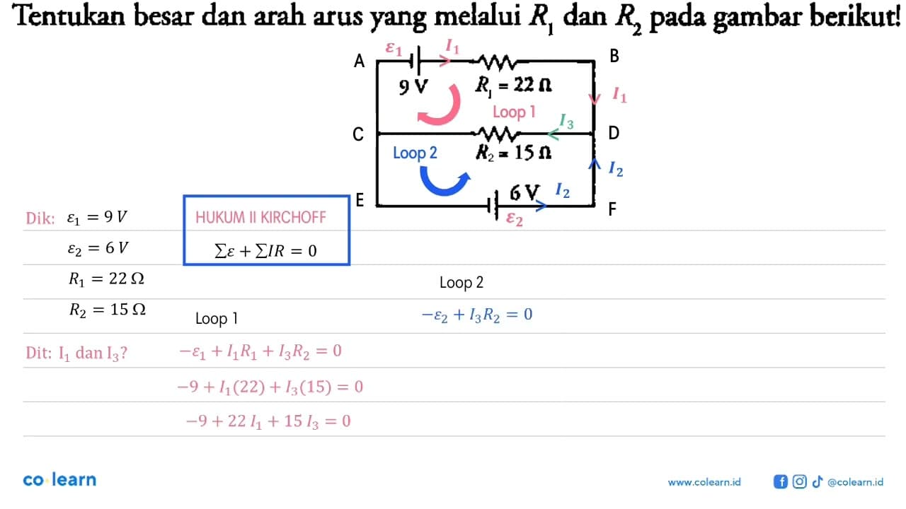 Tentukan besar dan arah arus yang melalui R1 dan R2 pada