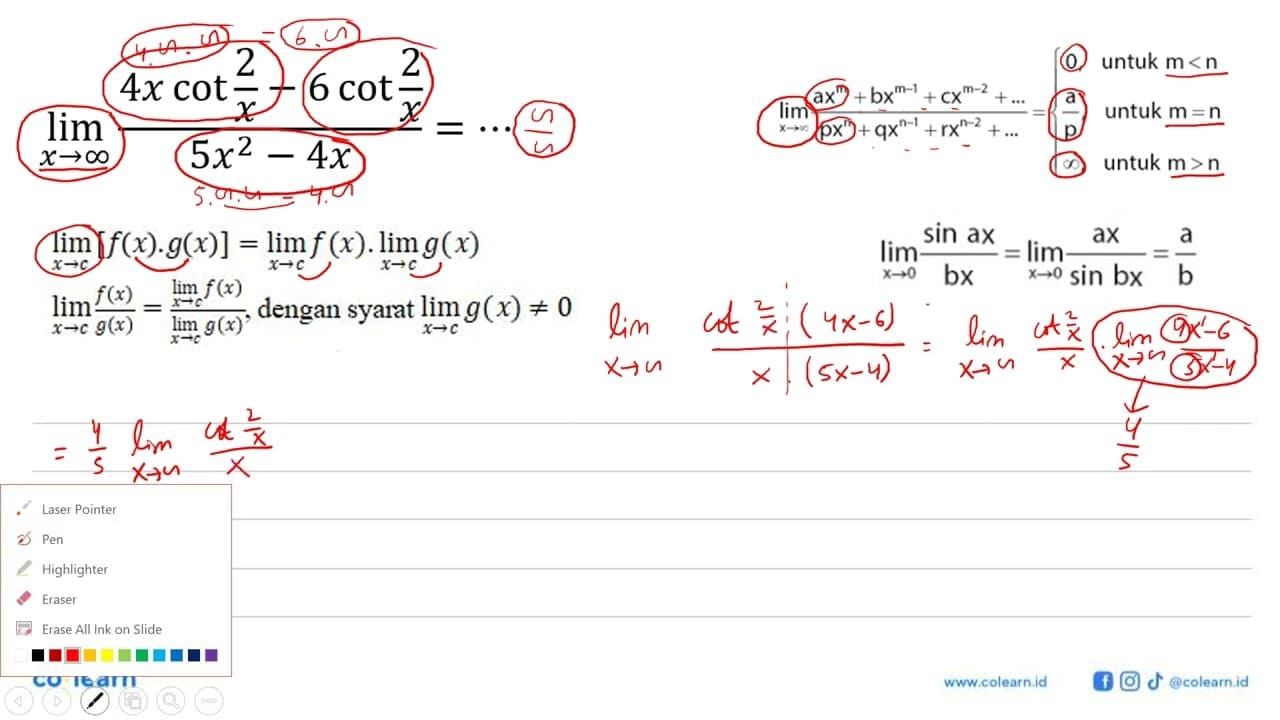 limit x mendekati tak hingga (4x cot 2/x - 6 cot