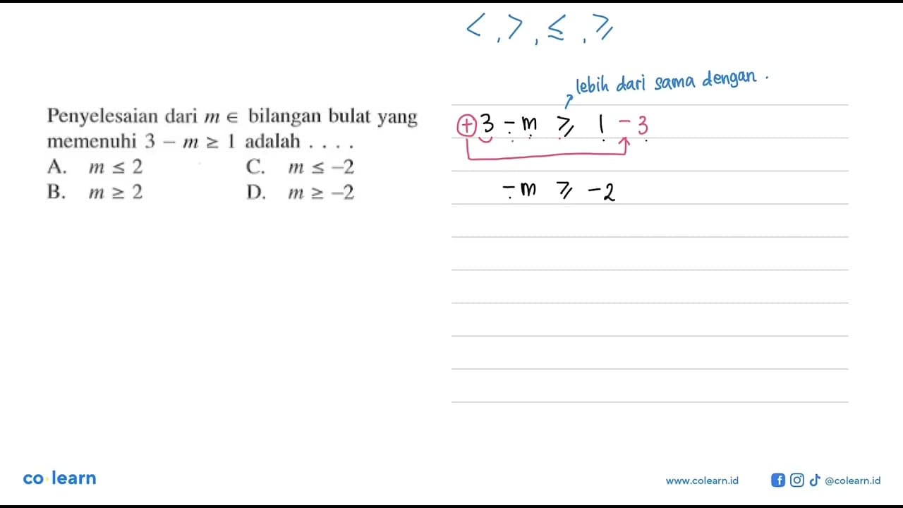 Penyelesaian dari m e bilangan bulat yang memenuhi 3-m >= 1