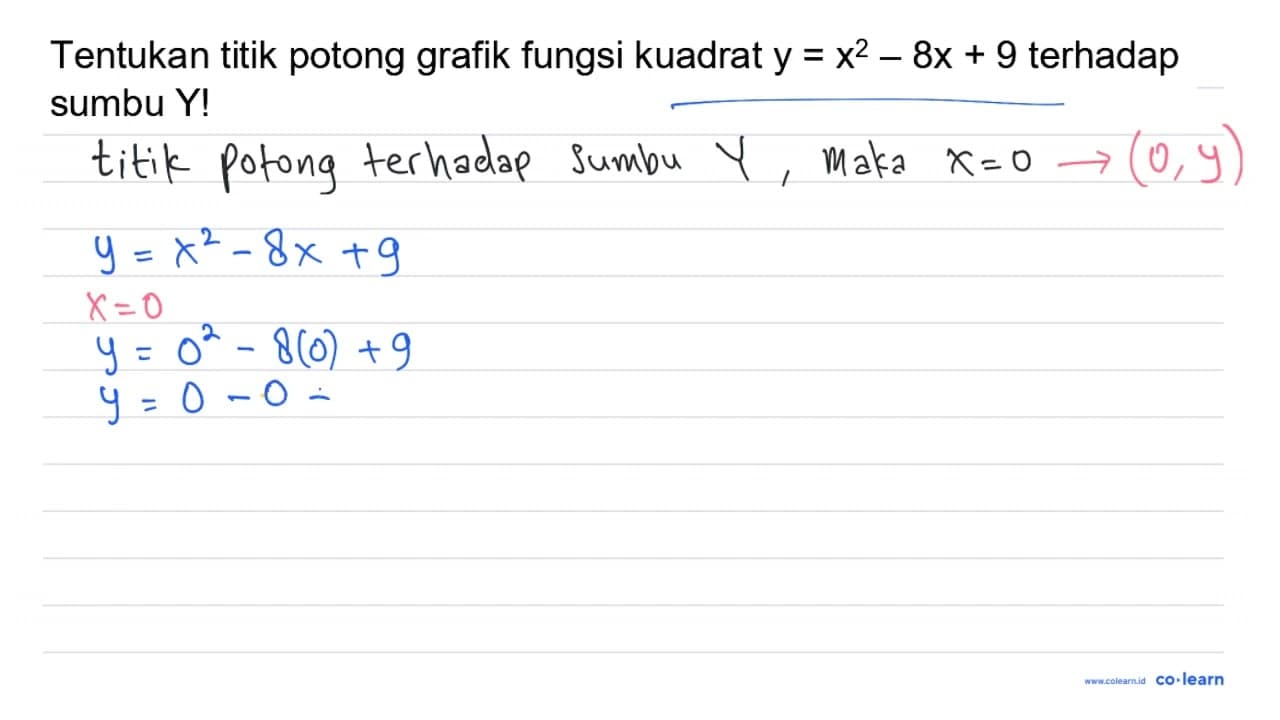 Tentukan titik potong grafik fungsi kuadrat y=x^(2)-8 x+9