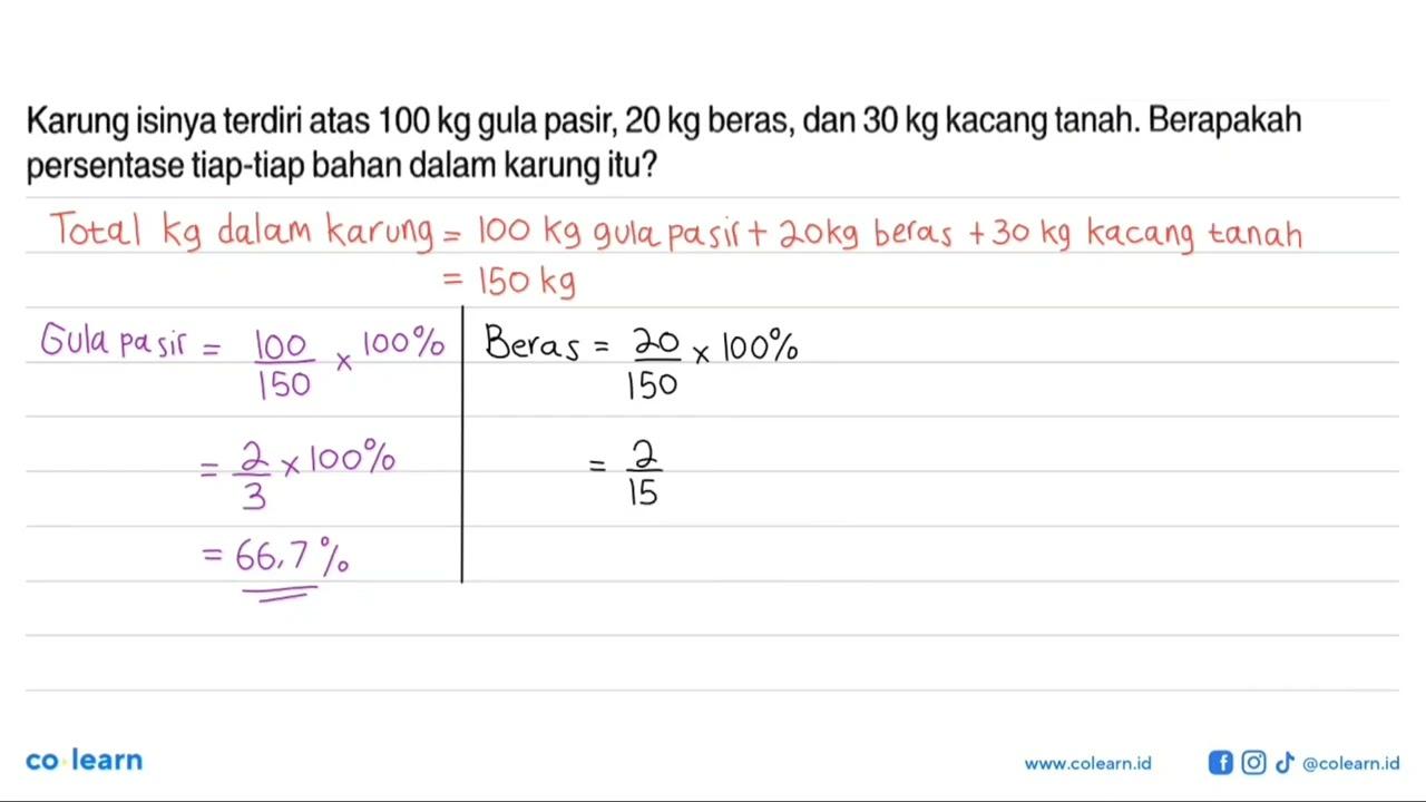 Karung isinya terdiri atas 100 kg gula pasir, 20 kg beras,