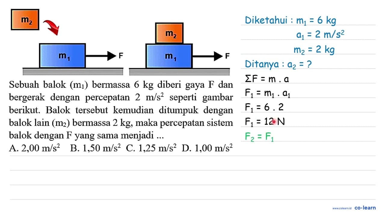 Sebuah balok (m_(1)) bermassa 6 kg diberi gaya F dan