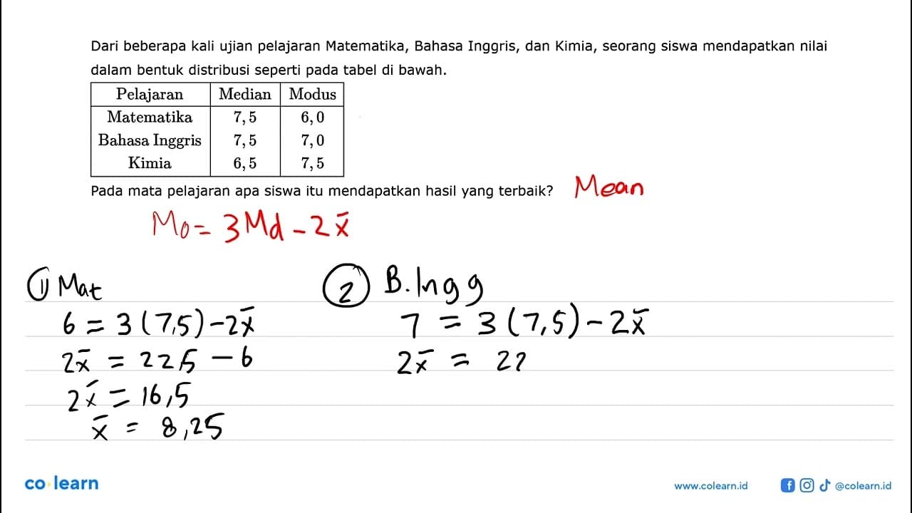 Dari beberapa kali ujian pelajaran Matematika, Bahasa