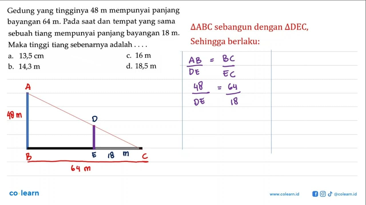 Gedung yang tingginya 48 m mempunyai panjang bayangan 64 m.