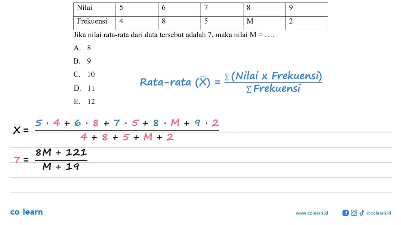 Nilai 5 6 7 8 9 Frekuensi 4 8 5 M 2 Jika nilai rata-rata