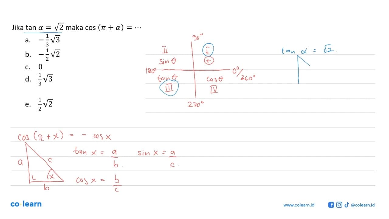 Jika tan a=akar(2) maka cos (pi+a)=...