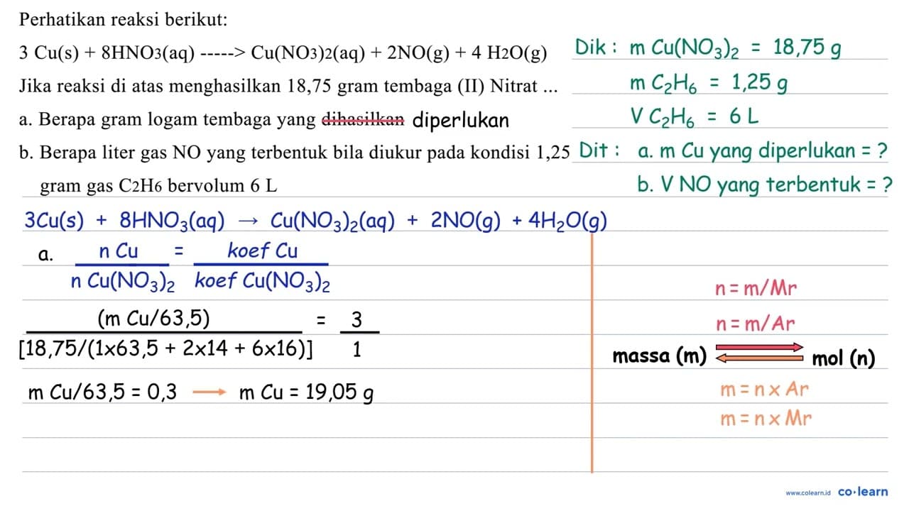 Perhatikan reaksi berikut: 3 Cu(s)+8 HNO3(aq)->Cu(NO3)