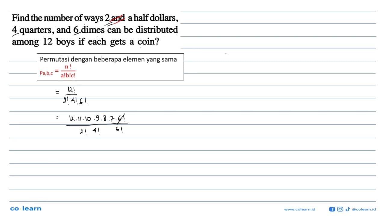 Find the number of ways 2 and a half dollars, 4 quarters,