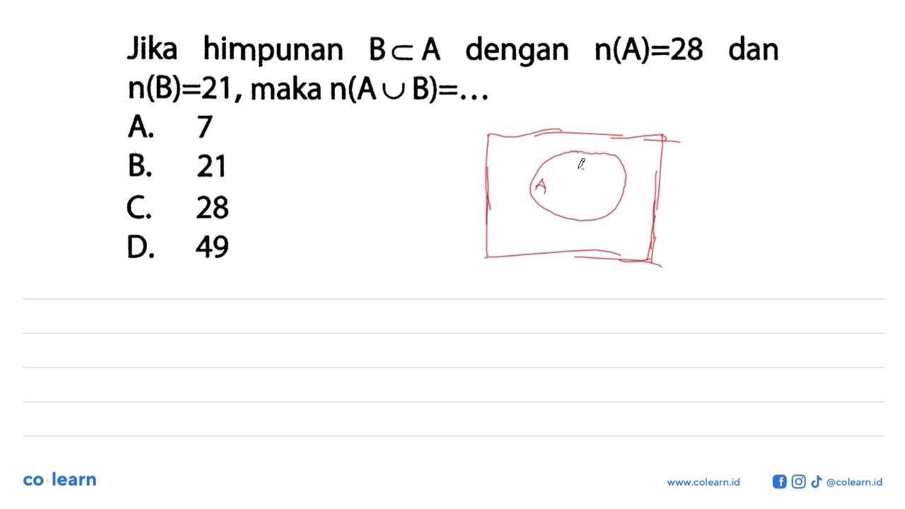 Jika himpunan B c A dengan n(A) = 28 dan n(B) = 21, maka