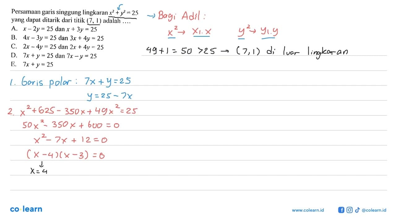 Persamaan garis singgung lingkaran x^2+y^2=25 yang dapat