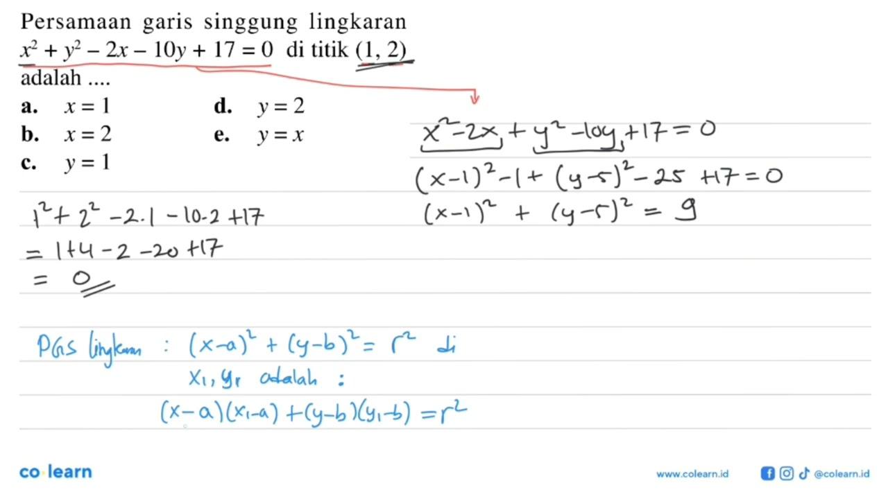 Persamaan garis singgung lingkaran x^2+y^2-2x-10y+17=0 di