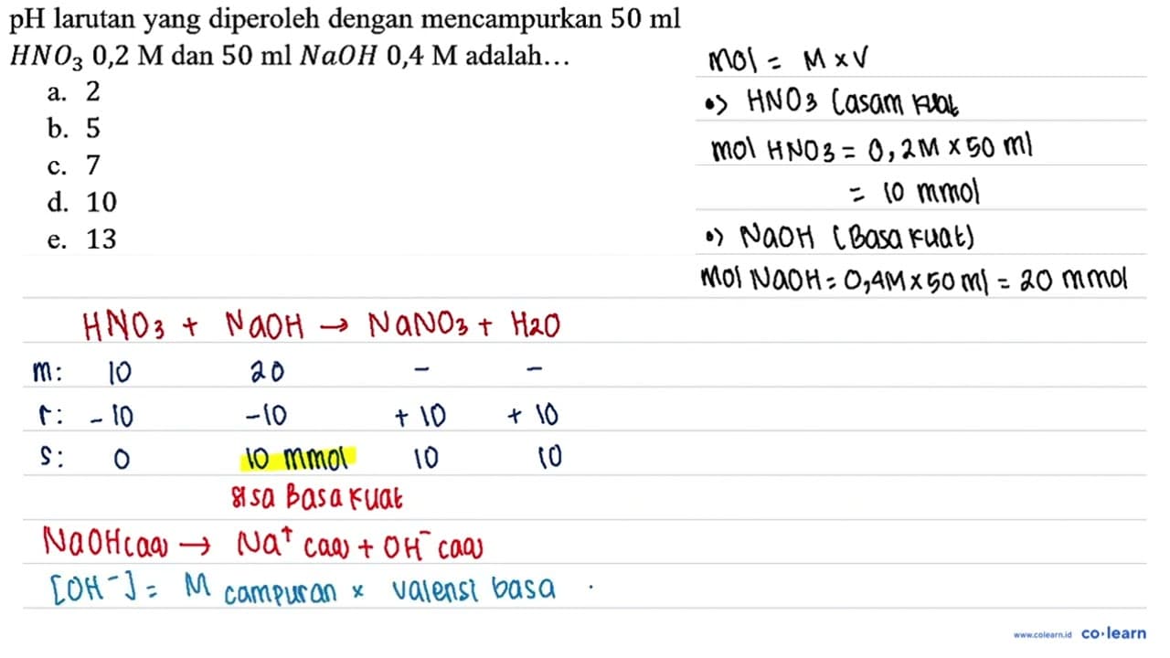 pH larutan yang diperoleh dengan mencampurkan 50 ml HNO3