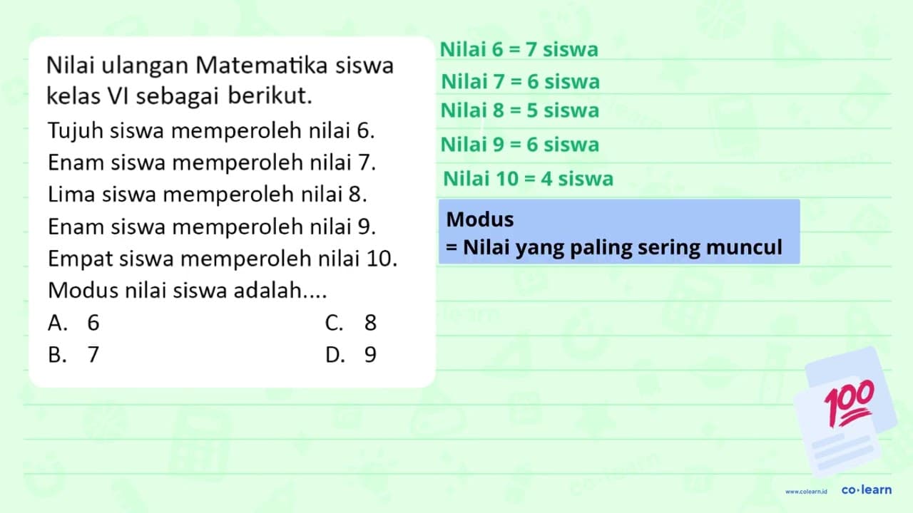 Nilai ulangan Matematika siswa kelas VI sebagai berikut.