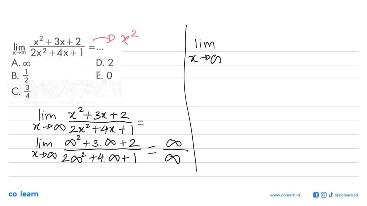 lim x->tak hingga (x^2+3x+2)/(2x^2+4x+1)=