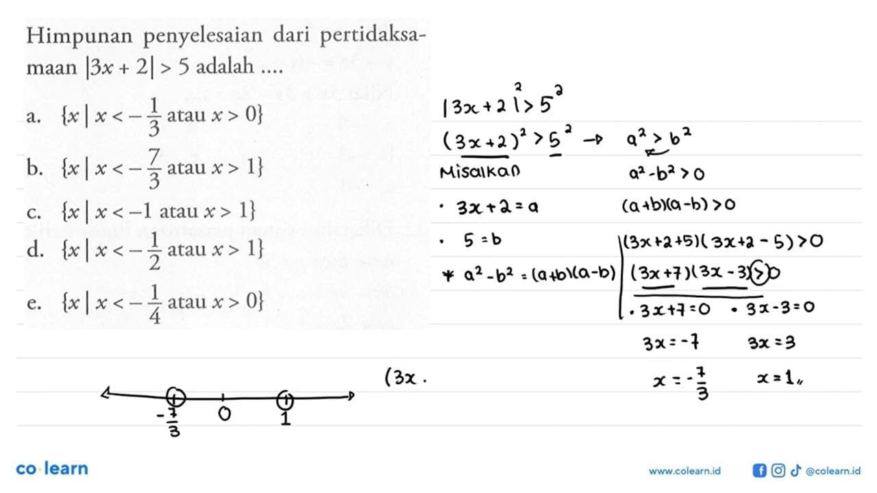 Himpunan penyelesaian dari pertidaksa- maan |3x+2|>5 adalah