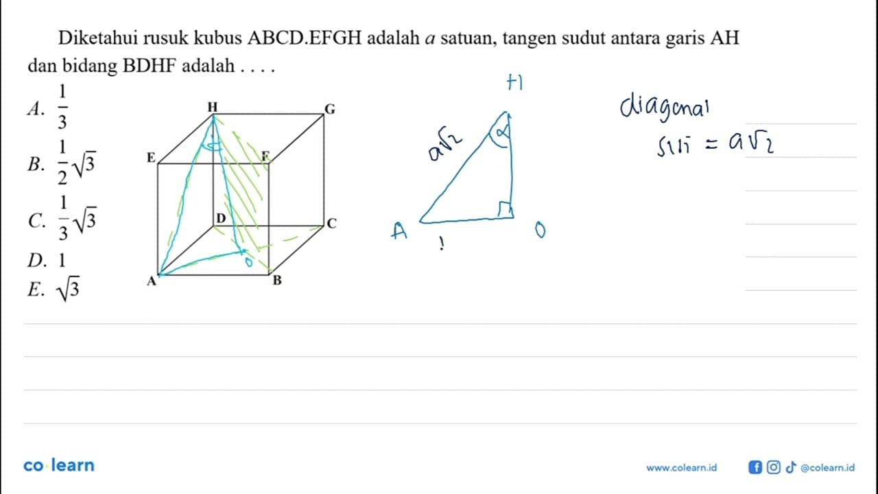 Diketahui rusuk kubus ABCD.EFGH adalah a satuan, tangen