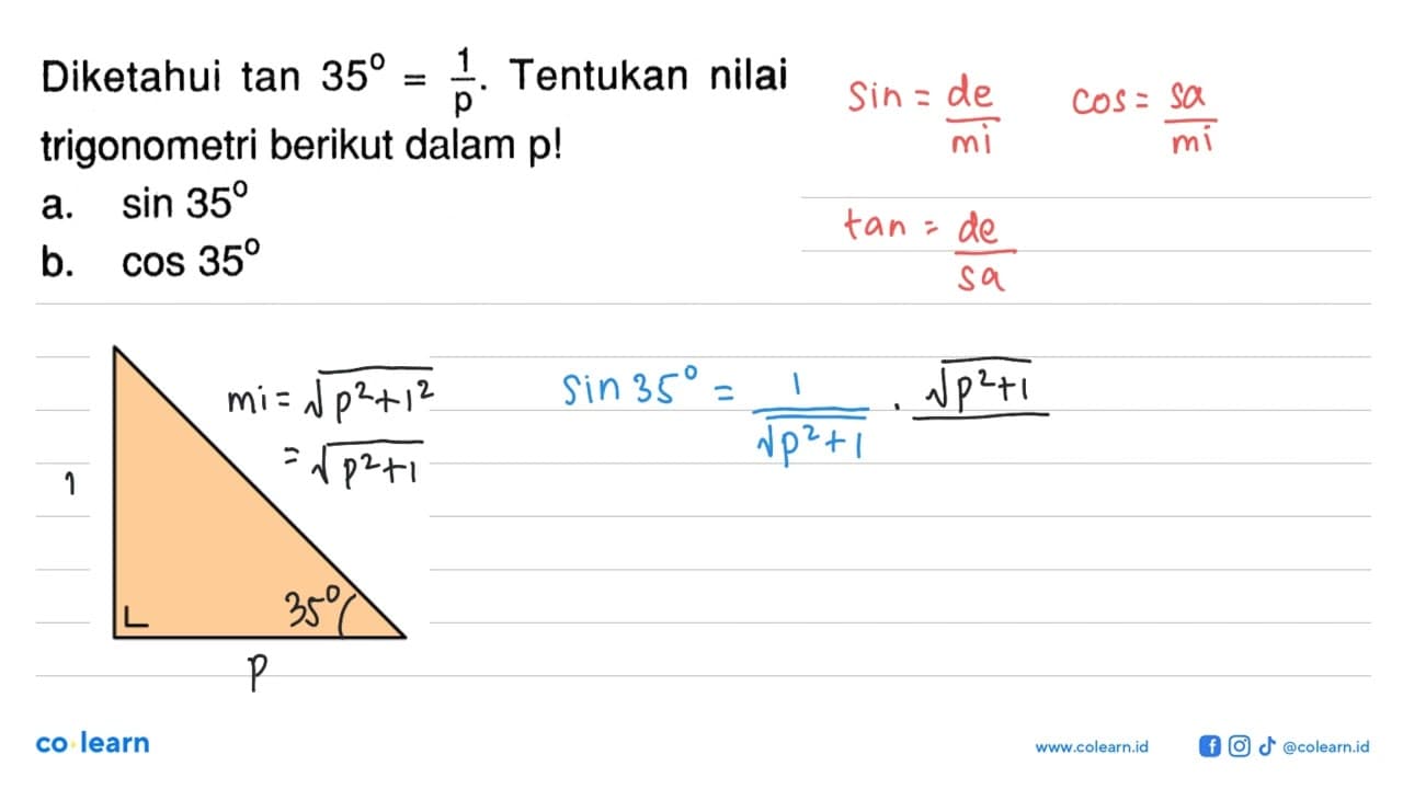 Diketahui tan 35=1/p . Tentukan nilai trigonometri berikut