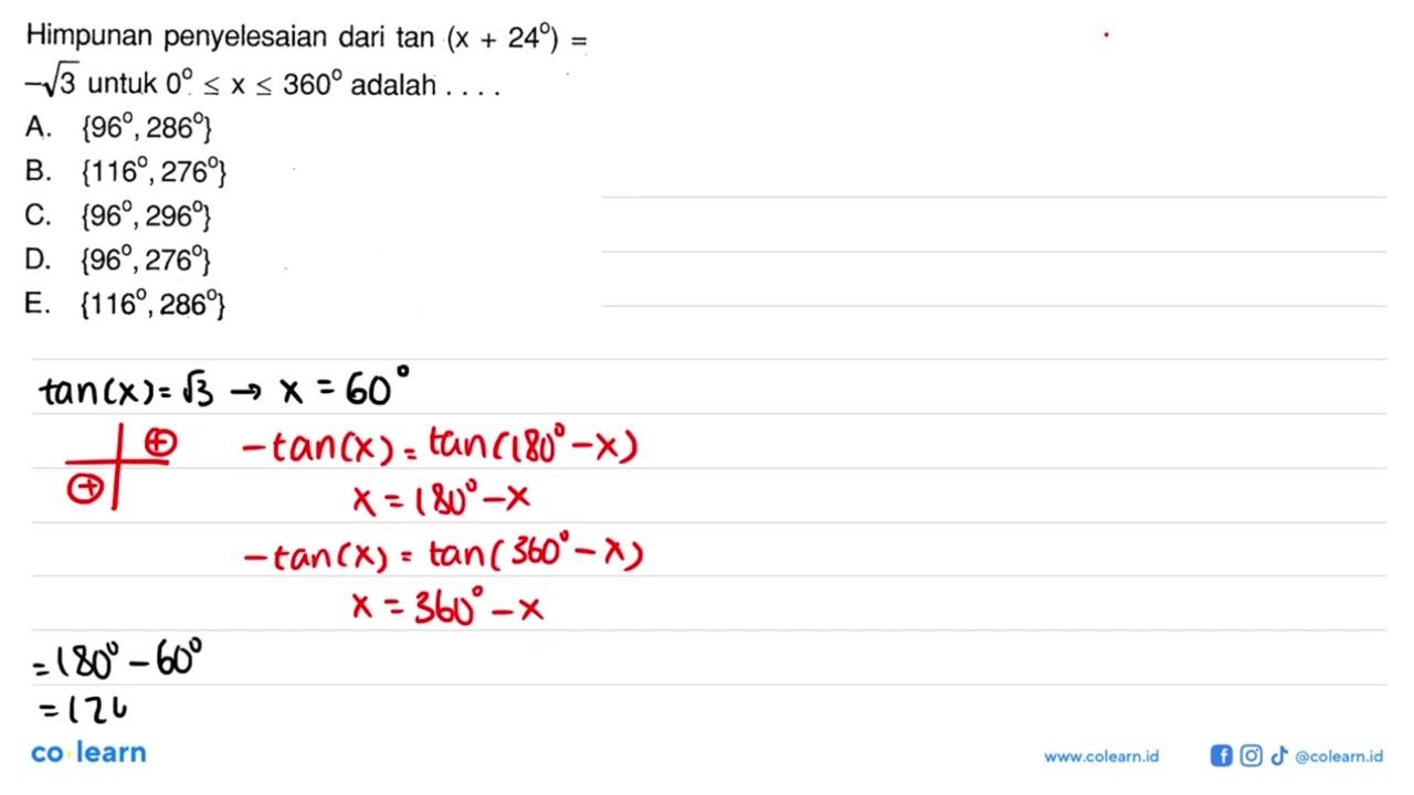 Himpunan penyelesaian dari tan(x+24)=-akar(3) untuk