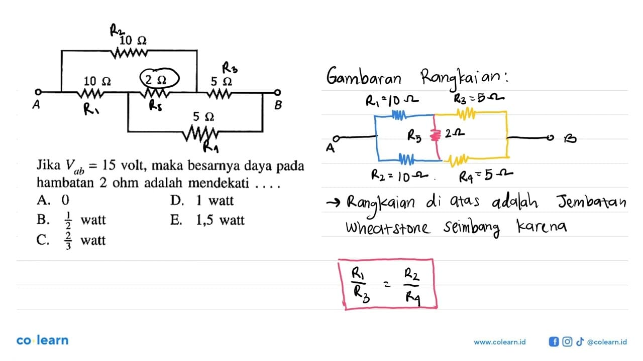 10 Ohm 10 Ohm 2 Ohm 5 Ohm 5 Ohm B Jika V ab = 15 volt, maka