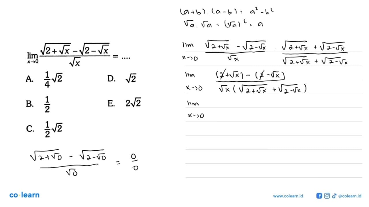 lim x ->0 (akar((2)+akar(x)) -