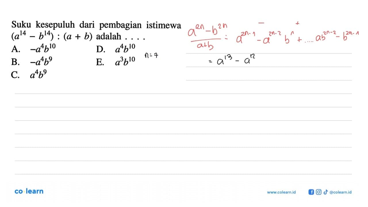 Suku kesepuluh dari pembagian istimewa (a^14-b^14):(a+b)